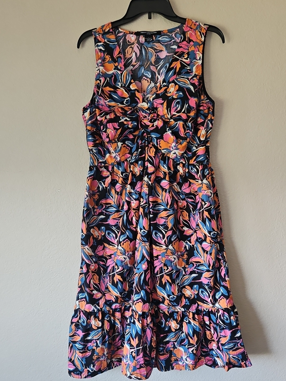 French Connection Sleeveless Floral Midi Dress in Navy with Pink & Orange Blooms